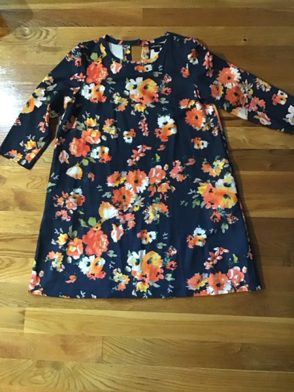 Navy Floral Casual A-Line Dress - navy & White floral Print